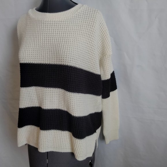 XXI Forever 21 Sweater Boxy Chunky Size S Black Off White Stripe Relaxed Cozy - Picture 6 of 14